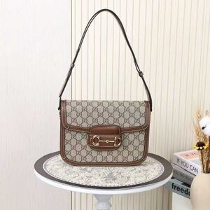 Gucci Beige GG Supreme Canvas Shoulder Bag with Brown Leather Trim